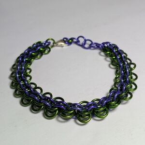 Chain Maille Bracelet Purple And Green. Hand Made Aluminum. Light Weight.